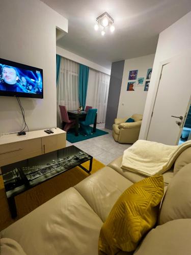a living room with a couch and a flat screen tv at Apartman Ružica2 in Bijeljina