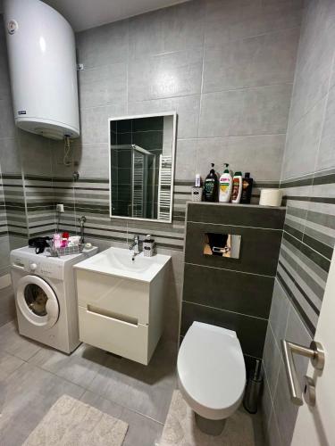 a bathroom with a toilet and a sink and a washing machine at Apartman Ružica2 in Bijeljina