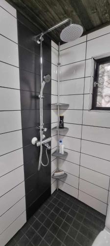 a shower in a bathroom with black and white walls at House for 4 person near Meyer Turku in Turku