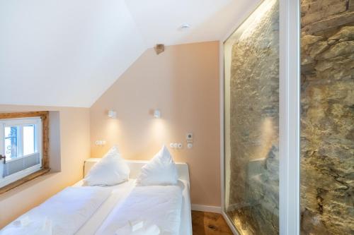 a room with a bed and a glass shower at Boutique-Hotel Stadtherberge Wetzlar in Wetzlar