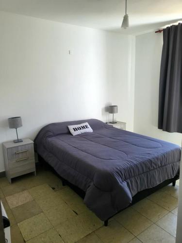 a bedroom with a large bed with a blue blanket at SLC San Martín 2 in San Luis
