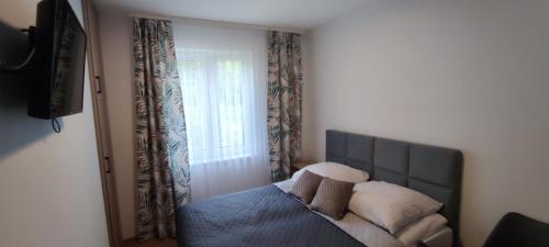 1 dormitorio con cama y ventana en Zakręt Solina 537-791-246, en Solina