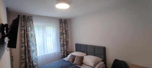 a bedroom with a bed and a window at Zakręt Solina BALIA SPA RELAKS 537-791-246 in Solina