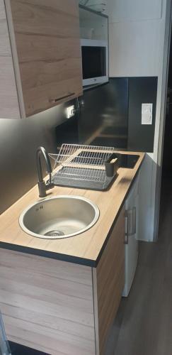 La salle de bains est pourvue d'un lavabo et d'un four micro-ondes. dans l'établissement Appartement au pied des télécabines Res La Soulan, à Luchon