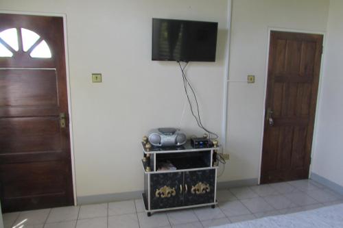 a room with a tv on a wall next to two doors at Nelsons Retreat in Negril
