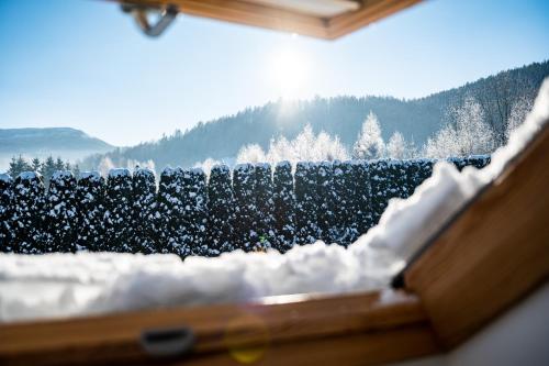 a snow covered window with a view of a mountain at Karkonoski Klimat - apartamenty z sauną, balią i jacuzzi in Miłków