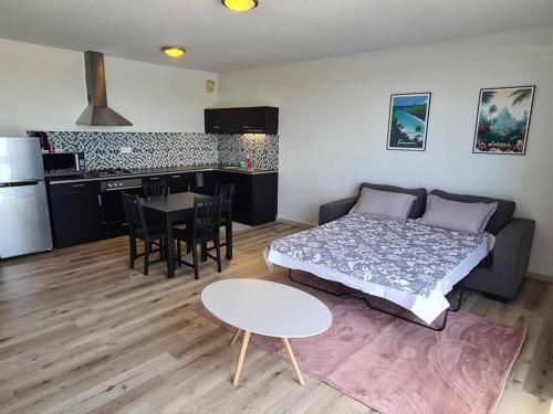 a living room with a bed and a table and a kitchen at Appartement F2 Ninirei in Papeete