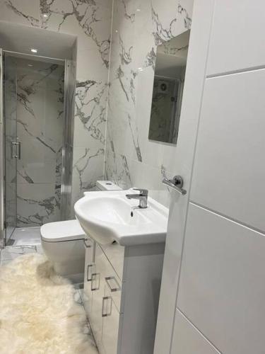 een witte badkamer met een wastafel en een toilet bij CozyCube in Croydon