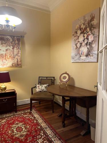 een eetkamer met een tafel en een stoel bij Casa dos Leones in Santiago