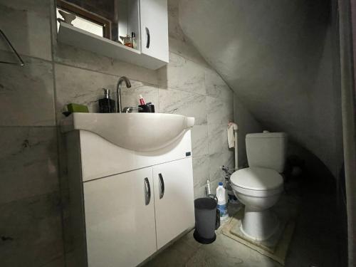 ein Bad mit einem Waschbecken und einem WC in der Unterkunft Kuşadası Yazlık Villa in Izmir