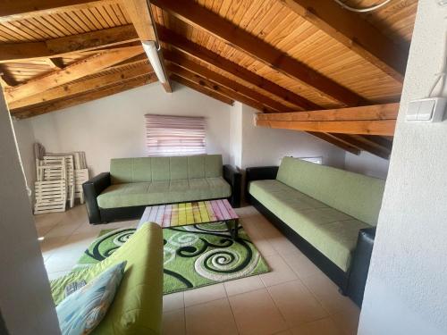 ein Wohnzimmer mit 2 Sofas und einem Teppich in der Unterkunft Kuşadası Yazlık Villa in Izmir