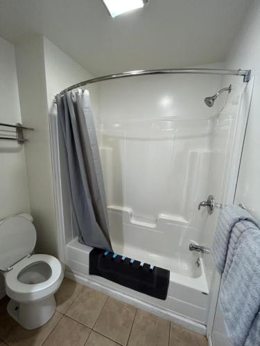 La salle de bains est pourvue d'une douche et de toilettes. dans l'établissement Lake View Inn Lake George, à Lake George