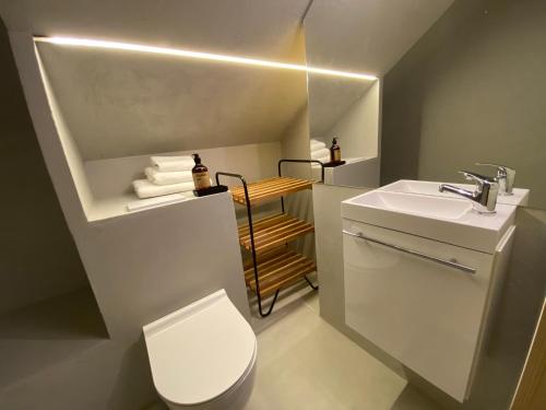 a small bathroom with a sink and a toilet at Odpocznij in Dąbrówka