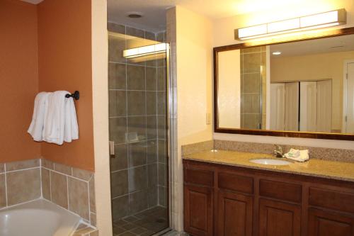 ein Bad mit einer Dusche und einem Waschbecken in der Unterkunft Floriday Resort in Orlando