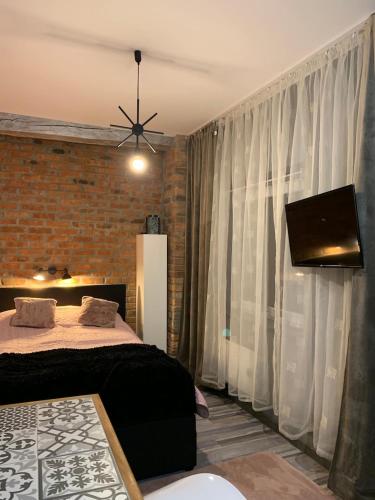 a bedroom with a bed and a ceiling fan at Siedlisko Kępina Zdrój in Ostrów