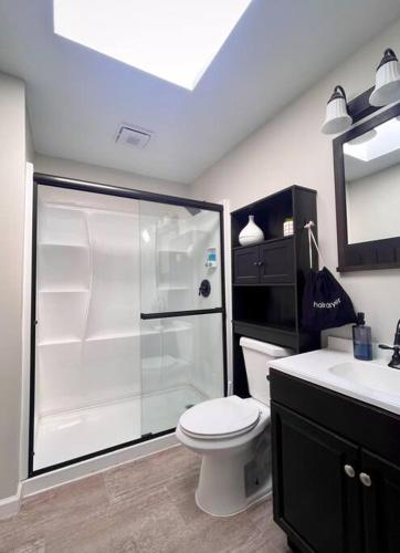 a bathroom with a shower and a toilet and a sink at Zen Spa Oasis Retreat Sauna/Hotub/Firepit/Fun/Gameroom in Blakeslee