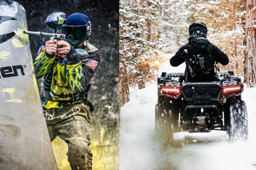 a man holding a rifle and a man on a atv in the snow at Zen Spa Oasis Retreat Sauna/Hotub/Firepit/Fun/Gameroom in Blakeslee