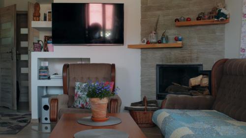 a living room with two chairs and a fireplace at Siedlisko Kępina Zdrój in Ostrów