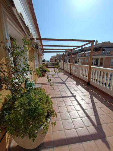 a balcony with potted plants on a building at LOVELY PENTHOUSE in front of the beach with free parking in Málaga