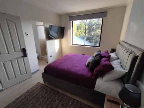 a bedroom with a bed with purple sheets and a window at Costanera Bed & Breakfast in Santiago