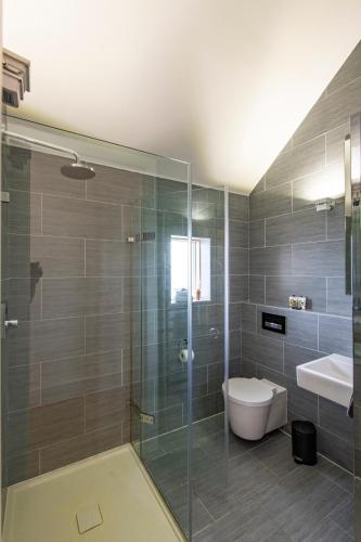 a bathroom with a shower and a toilet and a sink at Architect Designed Lodge in Dunecht