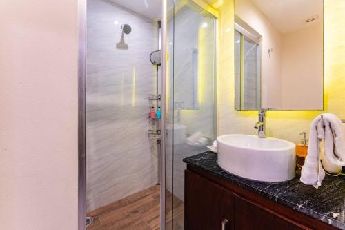 a bathroom with a sink and a shower at Moderno departamento en el corazón de la Roma in Mexico City