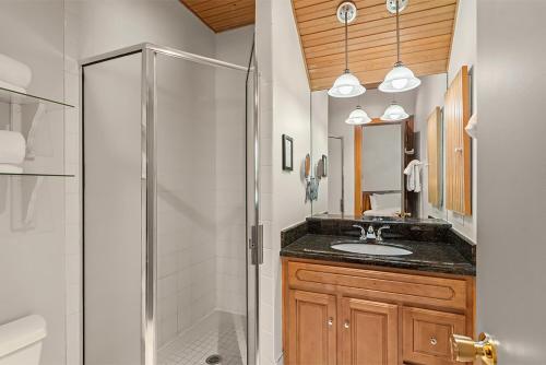 a bathroom with a glass shower and a sink at Independence Square 301, Great Hotel Room with Excellent Location & Rooftop Hot Tub in Aspen