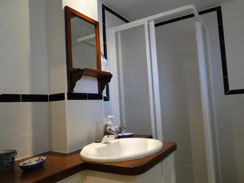 a bathroom with a sink and a mirror and a shower at Antonio's Apartment in Sitges