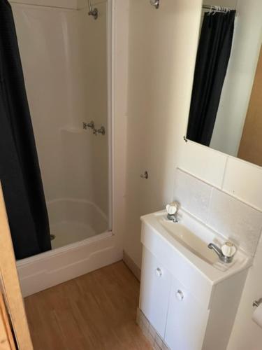 a bathroom with a sink and a shower with a mirror at Sandy Hollow Tourist Retreat in Sandy Hollow
