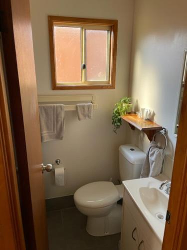 a bathroom with a toilet and a sink and a window at Sandy Hollow Tourist Retreat in Sandy Hollow