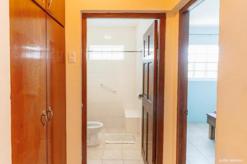 a bathroom with a toilet and a door leading to a shower at Nos Krusero Apartments in Sabana Westpunt