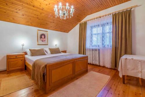 a bedroom with a large bed and a chandelier at Apartment in Tribalj 33528 in Tribalj
