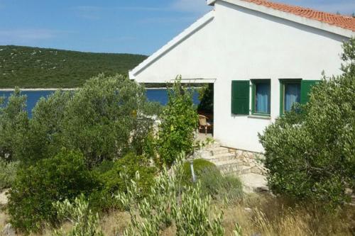 Biały dom z zielonym oknem i krzakami w obiekcie Secluded fisherman's cottage Cove Zincena, Pasman - 12982 w mieście Tkon