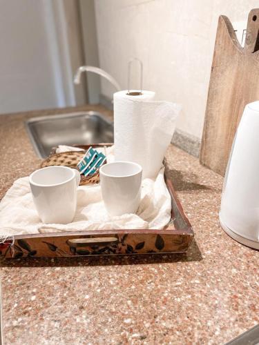 two cups on a tray on a counter with a sink at CASA CANGAS in Belén de Escobar