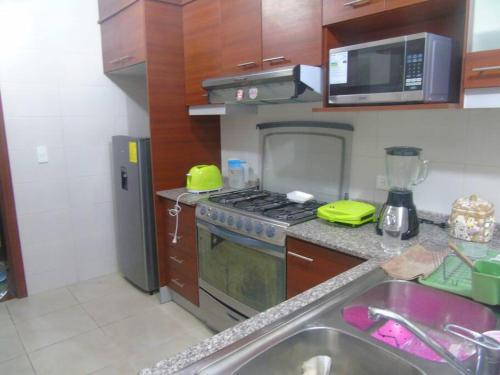 cocina con fogones, fregadero y microondas en apartamento san martin, en Quito