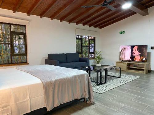 a bedroom with a bed and a couch and a tv at Apt Palos Altos Poblado, a distancia caminando de restaurantes in Medellín