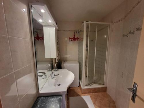 une salle de bain avec une douche, un lavabo et des toilettes dans l'établissement Appartement cosy 2 pièces, 6 pers, balcon, Montgenèvre - FR-1-266-217, à Montgenèvre