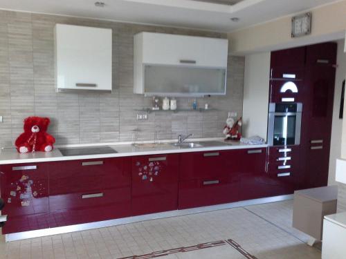 a kitchen with red cabinets and a red teddy bear at Holiday Home Irina in Utjeha
