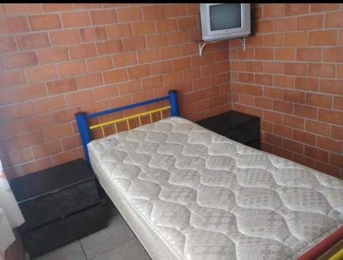 メキシコシティにあるDepartamento, Zona de hospitalesのレンガの壁のドミトリールームのベッド1台分です。