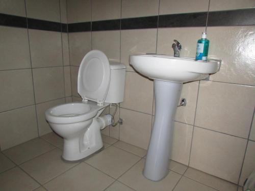 a bathroom with a toilet and a sink at Cozy Queen-Bed Apartment in Hammanskraal 