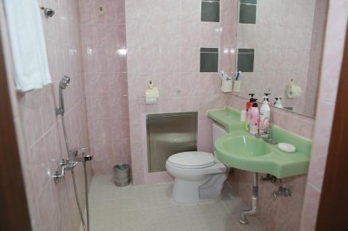 a pink bathroom with a toilet and a sink at Mangsang Beach Pension in Gangneung