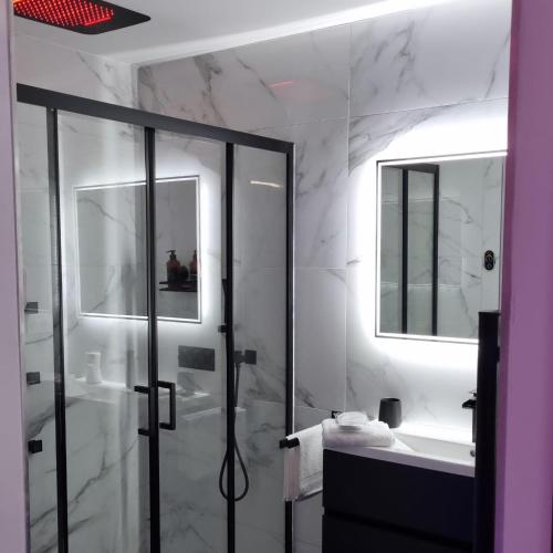une salle de bain avec douche et lavabo dans l'établissement Loft Détente & Spa du Tram, à Ronchamp