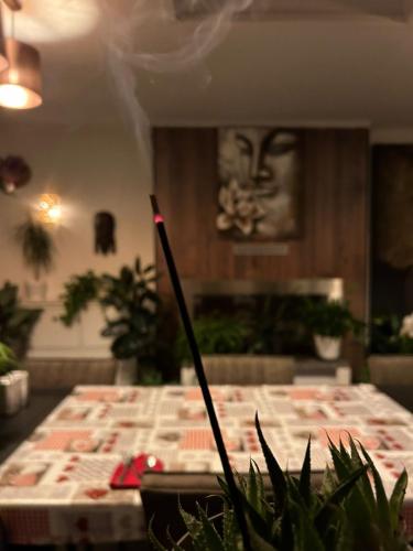 een tafel met een kaars in een kamer met planten bij B&B Prachtig Allemachtig in Valkenburg