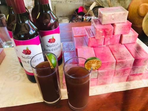 einen Tisch mit zwei Gläsern Wein und einem Block rosa Würfel in der Unterkunft Sevilleja's farm danglas abra in Bangued