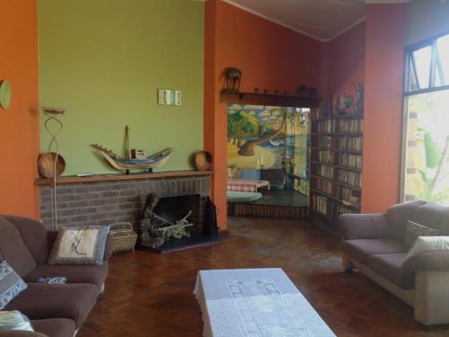 a living room with a couch and a fireplace at Jungle Monkey Backpackers in Port St Johns