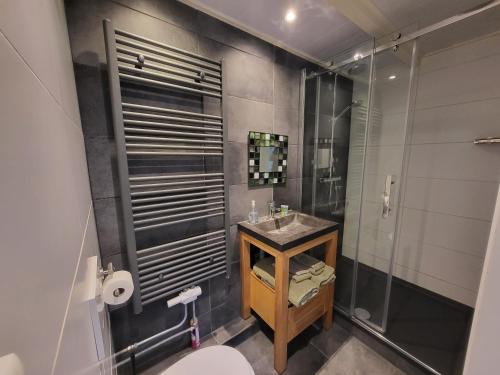 La salle de bains est pourvue de toilettes, d'un lavabo et d'une douche. dans l'établissement Private Apartment., à Hilversum