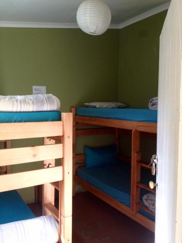 a room with three bunk beds in a room at Jungle Monkey Backpackers in Port St Johns