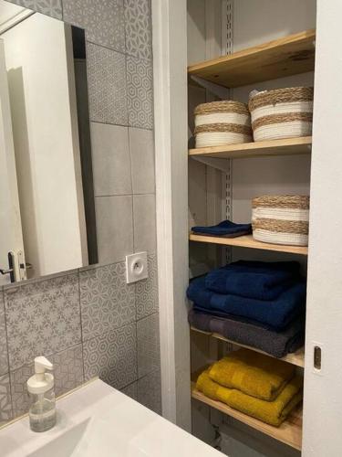une salle de bain avec un lavabo et une étagère avec des serviettes dans l'établissement Charmant appartement quartier école d’agronomie, à Montpellier