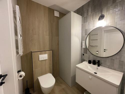 a bathroom with a toilet and a sink and a mirror at Blue Dunes Apartament Polanki Aqua in Kołobrzeg