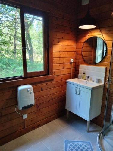 une salle de bain avec un lavabo et un miroir dans l'établissement La forge d'Espelette-Le Hameau Secret, à Saint-Paul-lès-Dax